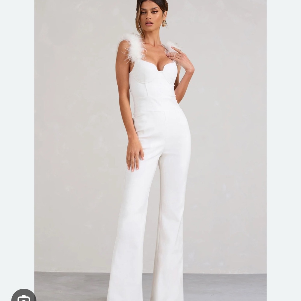 Club L London White Feather Trim Jumpsuit